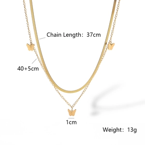 Detail view of 18K gold plated double layer necklace with butterfly charms and dimensions