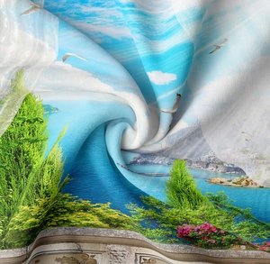 Detailed close-up showing silky fabric texture and digital Mediterranean landscape print