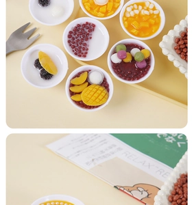 Detailed macro view of miniature dessert bowl models like mango pudding and red bean soup