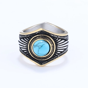 Vintage stainless steel ring with turquoise stone and eight-pointed star engraving