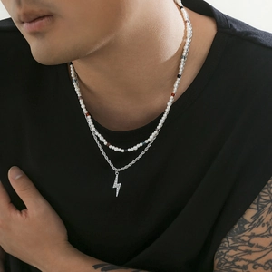 Men's hip-hop double layer necklace with colorful beads, silver chain and lightning bolt pendant