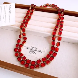 Vintage Double Layer Red Rectangular Glass Bead Necklace With Gold Tone Metal Long Sweater Chain For Women