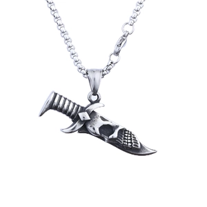 Hip hop silver dagger necklace with skull engraving and punk style metal sword pendant