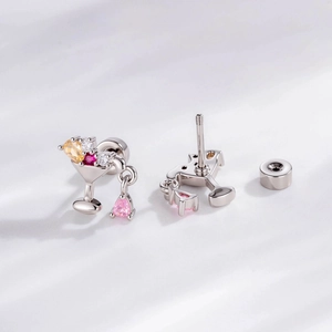 Minimalist cocktail glass earrings with colorful gems and pink water drop pendant