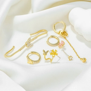Exquisite 18K gold plated earring set with colorful zircon butterfly and flower designs