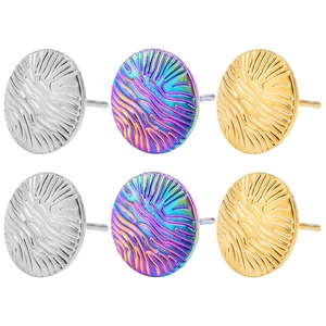 Detail of round stainless steel stud earrings with unique wavy texture in gold silver and rainbow
