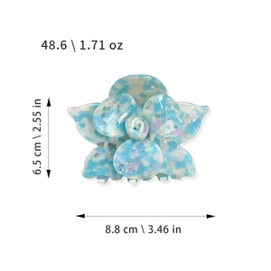 Floral acetate hair claw clip in blue and white with detailed size measurements