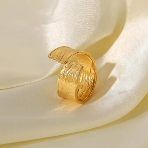 Minimalist 18K gold plated stainless steel open ring with hammered texture on satin