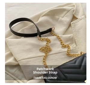 Detail view of V-quilted black leather bag featuring gold chain and leather strap