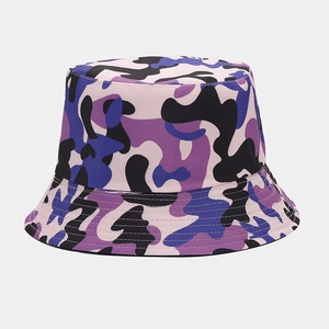 Close-up of a purple camo bucket hat showing durable canvas texture and stitching