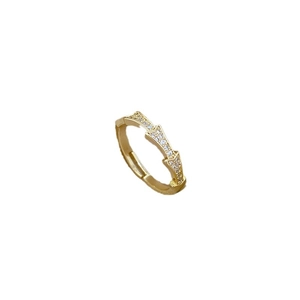 Adjustable gold bamboo ring with micro-pave white cubic zirconia in geometric arrow design