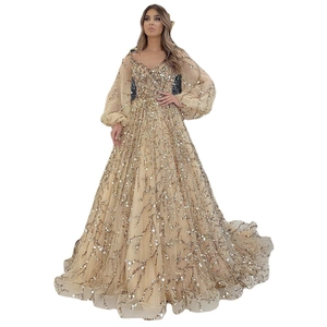 Luxuriöses champagnerfarbenes Abendkleid mit V-Ausschnitt, Perlen und Pailletten