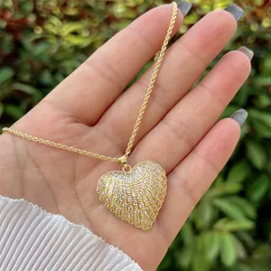 18K gold plated heart pendant necklace with micro-paved cubic zirconia on twist chain