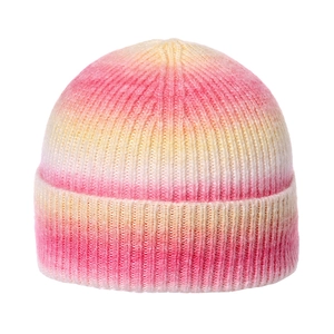 Close-up of pink and yellow gradient knit beanie showing fine ribbed texture and soft yarn