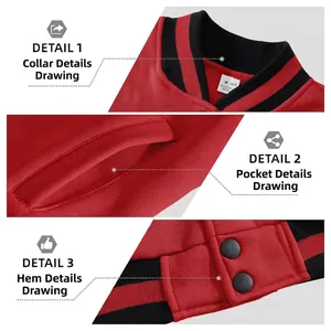 Men's casual red varsity jacket showing ribbed collar, pocket, and buttoned hem details
