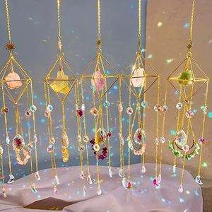 Crystal Sun Catcher Hanging Ornament Natural Raw Stones Geometric Metal Frame Moon Charms Rainbow Maker For Window Decor