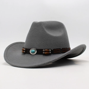Detailed view of grey wool fedora with leather band and turquoise stone ornament