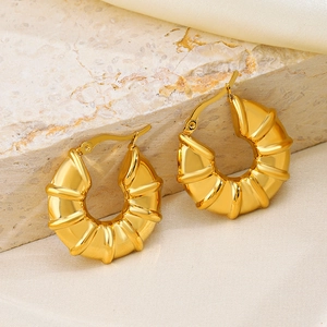 Chunky Hoop Earrings Stainless Steel 18K Gold Plated Hollow Bamboo Joint Ribbed Design Vintage INS Style For Women