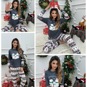 Family Christmas pajama set with snowman print grey top and Nordic reindeer pattern pants