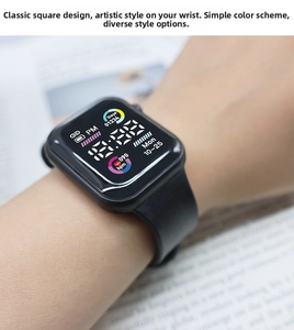 Detail of black square digital watch showing step count and heart rate on wrist