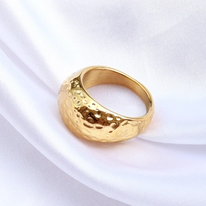 Hammered Texture Stainless Steel Ring Gold Plated Wide Band Minimalist Vintage Style Jewelry For Women
