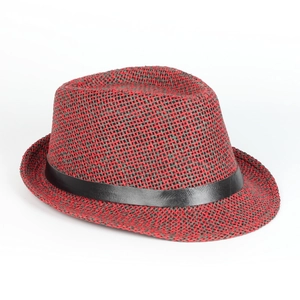 Detailed macro shot of the breathable red and black woven texture of the Panama hat