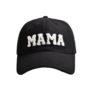 Classic black cotton baseball cap with white MAMA chenille embroidery on front