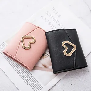 Pink and black leather tri-fold wallets with gold heart metal buckles in high-quality style