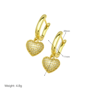 Detailed view of 18k gold plated heart earrings with 29mm length and 11mm width dimensions