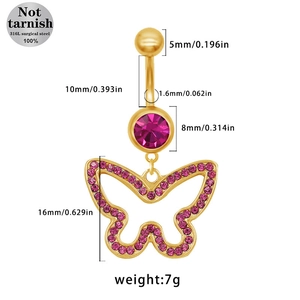 Macro detail of gold 316L surgical steel belly ring with pink butterfly zircon stones