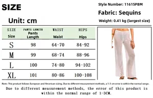 Tableau des tailles détaillé pour pantalon en mesh pailleté avec mesures en centimètres