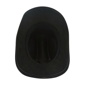 Top view of a black cowboy hat interior showing the headband and felt texture