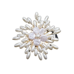 Handmade copper wire flower brooch with white pearls and crystals for women jackets