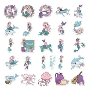 Detail view of 25 cute waterproof mermaid stickers in pink and blue for laptops