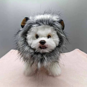Detail of grey lion mane pet headgear with plush faux fur and cute ears for small dogs