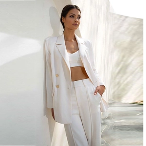Three-piece white women's pantsuit with double-breasted blazer and high-waist trousers