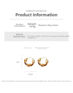Detailed view of vintage alloy and resin hoop earrings with amber stone and sizing