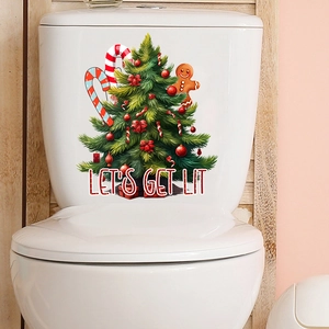 Festive Christmas wall stickers with gingerbread man and Let's Get Lit text on toilet tank