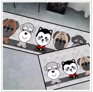 Detail showing cartoon dog patterns and texts on waterproof kitchen floor mat set