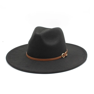 Classic black wool fedora hat featuring a brown leather band and gold horseshoe buckle