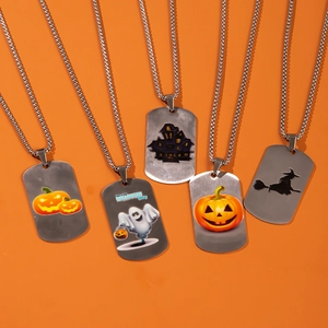 Halloween stainless steel tag necklaces featuring pumpkin witch and bat designs