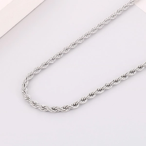 Close-up of silver twist rope chain necklace made of durable stainless steel material