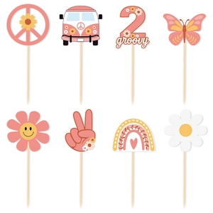 Lot de 8 décorations de gâteau Two Groovy hippie boho marguerite pour fête d'anniversaire