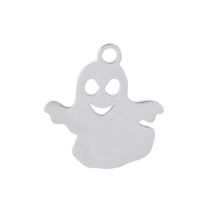 Detailed macro view of silver hollow ghost pendant with a smooth polished metal surface