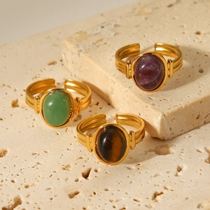 18K gold plated stainless steel open rings with oval amethyst and aventurine gemstones