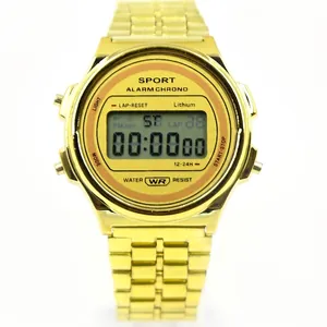 Retro gold digital watch with stainless steel strap featuring alarm and waterproof functions