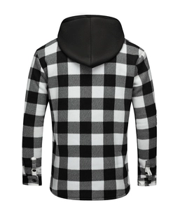 Rear view of black and white buffalo plaid hooded shirt with contrast fabric detail