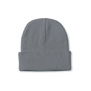 Detailed macro view of the grey ribbed knit texture on the cuffed beanie hat