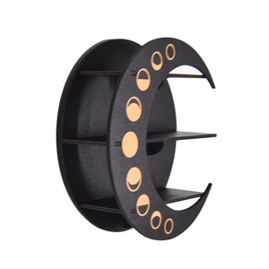 Detailed side view of moon-shaped wooden shelf featuring golden lunar phase patterns