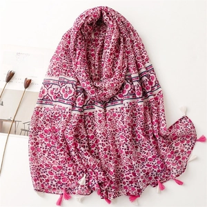 Women Floral Print Scarf With Tassels Rose Red Voile Beach Shawl Sun Protection Soft Wrap